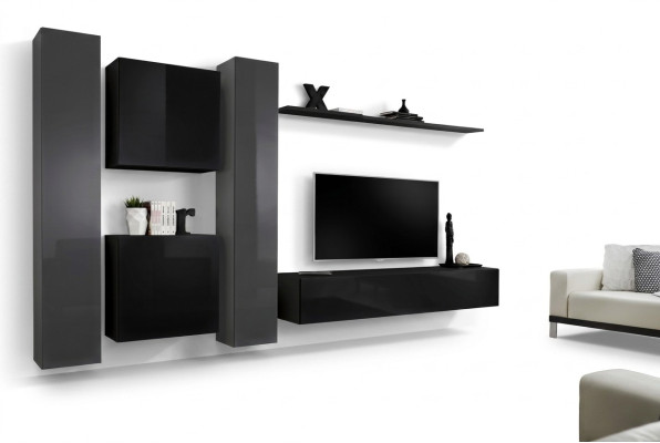 Ensemble de meubles de salon noir design comprenant un nouveau mur TV, une table basse et un buffet.
