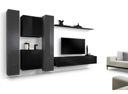 Ensemble de meubles de salon noir design comprenant un nouveau mur TV, une table basse et un buffet.