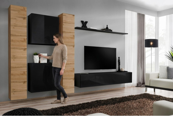 Ensemble de salon 6 pièces Unité murale Mobilier en bois Armoire Complet neuf Étagère murale