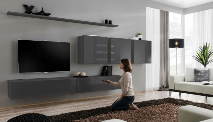 Unité murale grise moderne, meuble TV design, buffet bas, buffet en bois, armoire murale