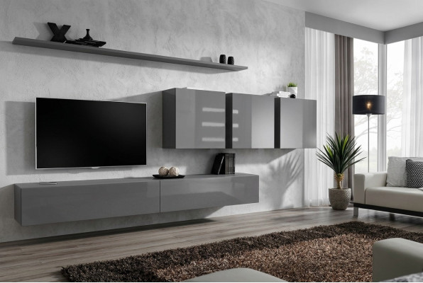 Unité murale grise moderne, meuble TV design, buffet bas, buffet en bois, armoire murale