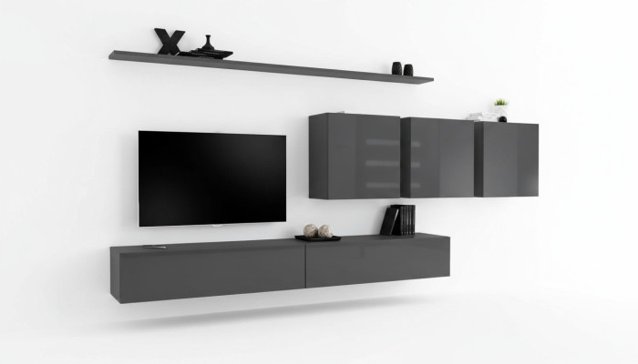 Unité murale grise moderne, meuble TV design, buffet bas, buffet en bois, armoire murale