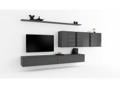 Unité murale grise moderne, meuble TV design, buffet bas, buffet en bois, armoire murale