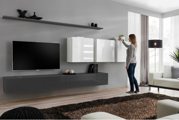 Meuble mural en bois gris, buffet TV design, commode laquée brillante, placard mural