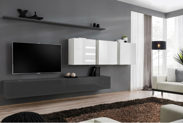 Meuble mural en bois gris, buffet TV design, commode laquée brillante, placard mural