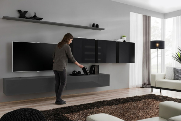 Unité murale gris complet 7 pièces meuble en bois design buffet armoire murale étagère murale