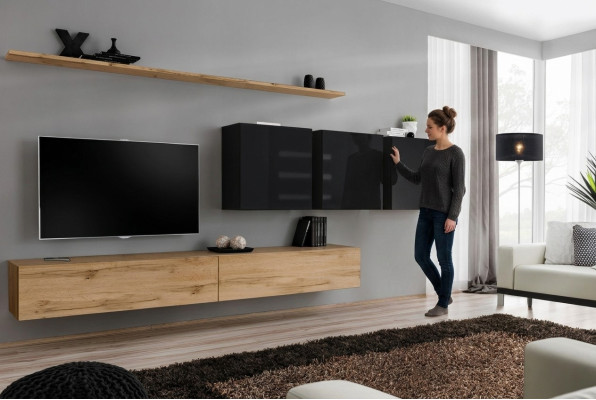 Unité murale design Buffet brun Meuble télé Meuble bas Armoire murale Mobilier de salon Complet