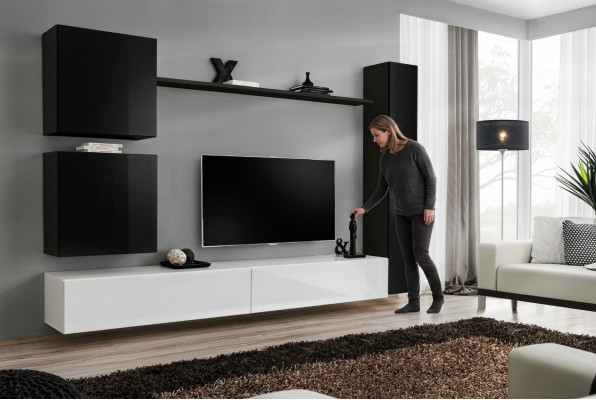 Unité murale noire, armoire murale design, meuble bas TV, mobilier de salon moderne, nouveau.
