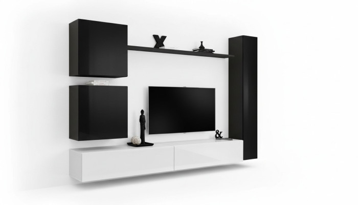 Unité murale noire, armoire murale design, meuble bas TV, mobilier de salon moderne, nouveau.