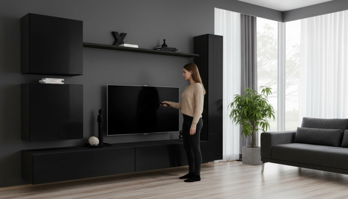 Ensemble mural de luxe noir Ensemble de meuble mural design 6 pièces Mobilier en bois Mobilier de salon