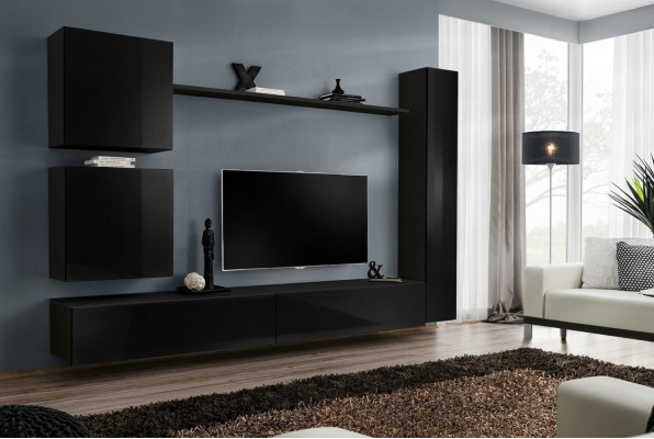 Ensemble mural de luxe noir Ensemble de meuble mural design 6 pièces Mobilier en bois Mobilier de salon