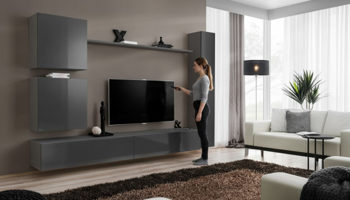 Unité murale Meuble design Armoire murale Gris Mobilier de luxe Mobilier en bois Moderne