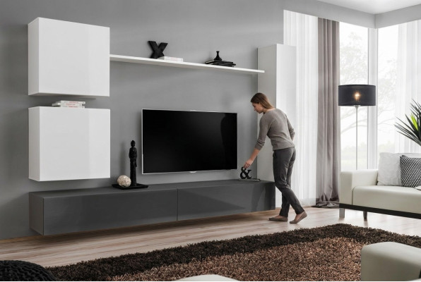 Unité murale style armoire murale moderne. Designer de meubles blanc étagère TV buffet.