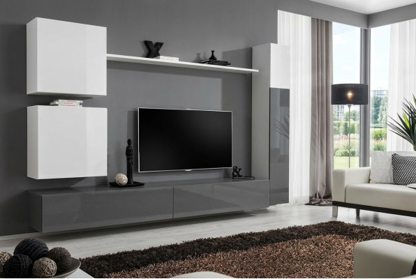 Unité murale style armoire murale moderne. Designer de meubles blanc étagère TV buffet.
