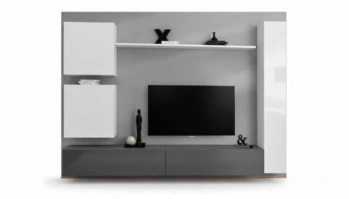 Unité murale style armoire murale moderne. Designer de meubles blanc étagère TV buffet.