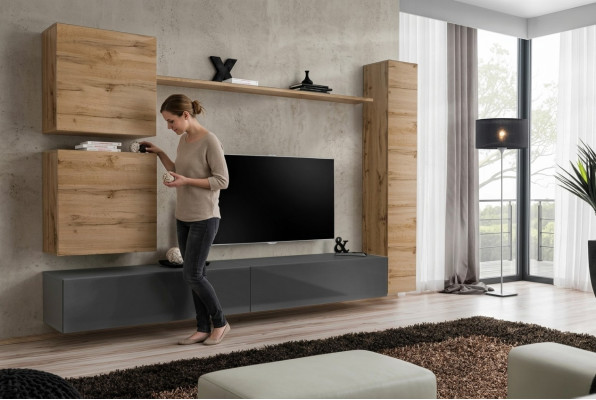 Concepteur d'ameublement Brown 3x Armoire murale Ensemble de meubles en bois de luxe Meuble bas de télévision