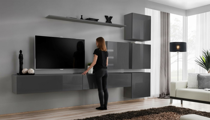 Grande unité murale moderne de salon en gris avec design de meuble TV, buffet de luxe et armoire neuve.