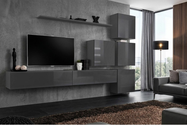 Grande unité murale moderne de salon en gris avec design de meuble TV, buffet de luxe et armoire neuve.