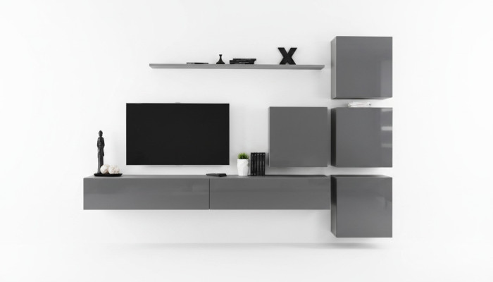 Grande unité murale moderne de salon en gris avec design de meuble TV, buffet de luxe et armoire neuve.