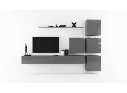 Grande unité murale moderne de salon en gris avec design de meuble TV, buffet de luxe et armoire neuve.