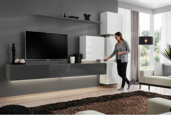 Étagère murale grise pour téléviseur de luxe, style complet et moderne pour un nouveau mobilier de salon.