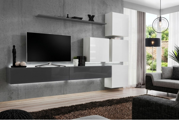 Étagère murale grise pour téléviseur de luxe, style complet et moderne pour un nouveau mobilier de salon.