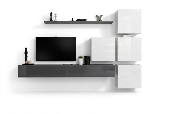 Étagère murale grise pour téléviseur de luxe, style complet et moderne pour un nouveau mobilier de salon.