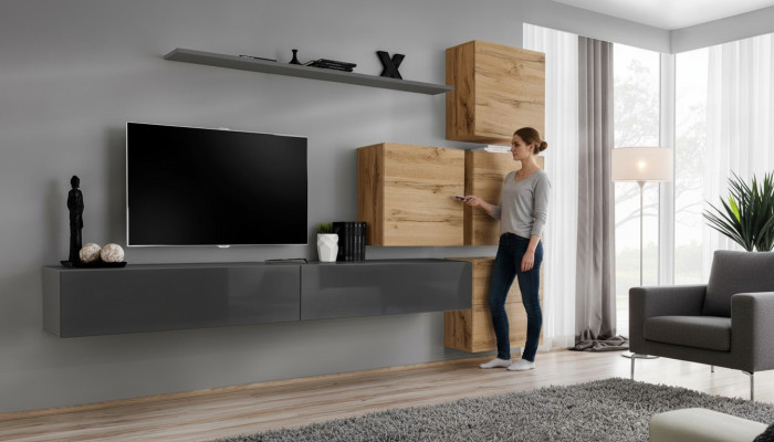 Support mural de télévision gris Étagère murale Unité murale de luxe Mobilier Moderne Buffet Complet