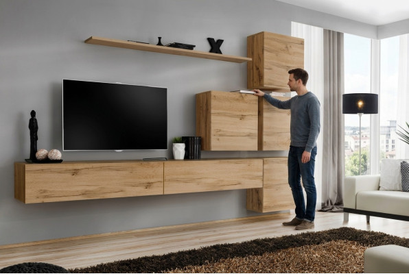 Suite Braun Set 7 pièces Meuble TV bas Unité murale complète Étagère murale Design moderne