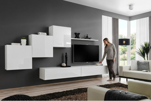 Unité murale blanche avec support TV, buffet, étagères complètes pour salon moderne en bois nouveau.