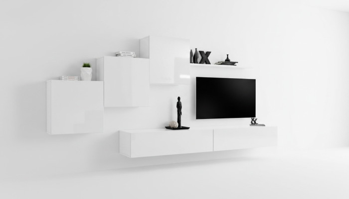 Unité murale blanche avec support TV, buffet, étagères complètes pour salon moderne en bois nouveau.
