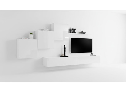 Unité murale blanche avec support TV, buffet, étagères complètes pour salon moderne en bois nouveau.