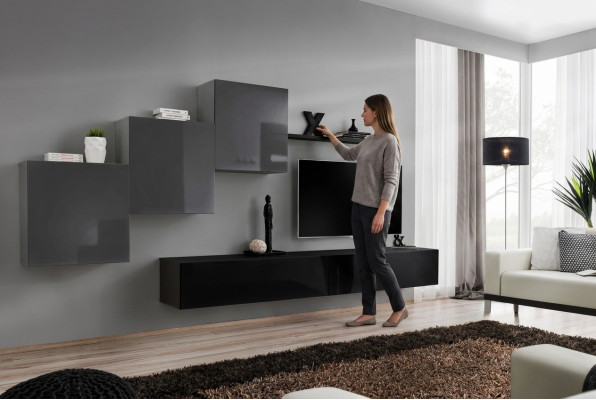 Meuble TV noir moderne Unité murale Meuble Salon Armoires Mobilier neuf