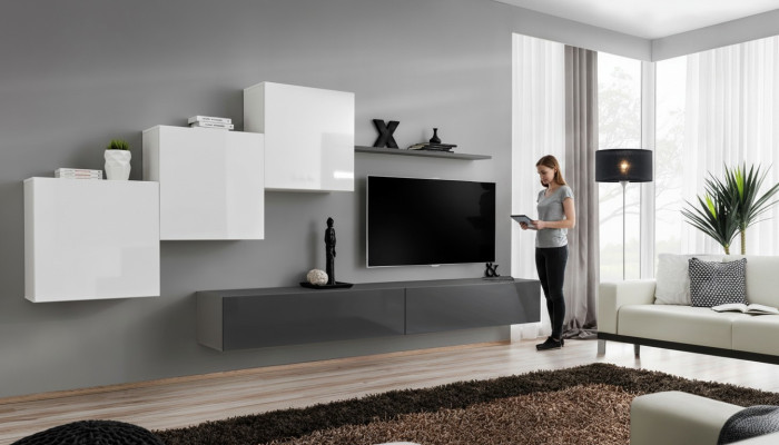 Unité murale design, meuble TV gris, buffet moderne, étagère murale, nouveau meuble TV