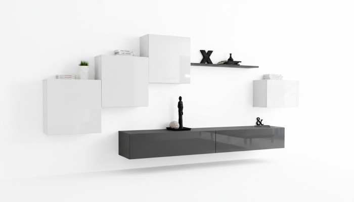 Unité murale design, meuble TV gris, buffet moderne, étagère murale, nouveau meuble TV