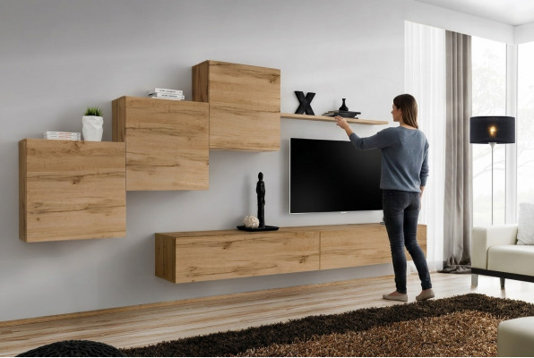 Unité murale de concepteur Stand TV brun Buffet latéral moderne Étagère murale Armoire murale 6 pièces