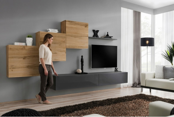 Meuble de salon design Unité murale Gris Meuble TV Moderne Buffet Étagère murale