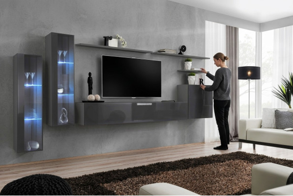 Unité murale grise, étagère murale pour le salon, meuble TV bas, suite de luxe, mobilier moderne.