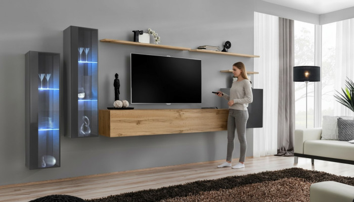 Ensemble de salon Ensemble mural Marron Armoire murale de luxe Meuble TV bas Buffet complet