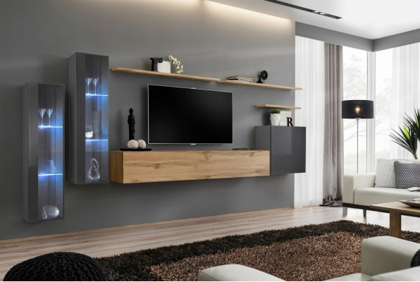 Ensemble de salon Ensemble mural Marron Armoire murale de luxe Meuble TV bas Buffet complet