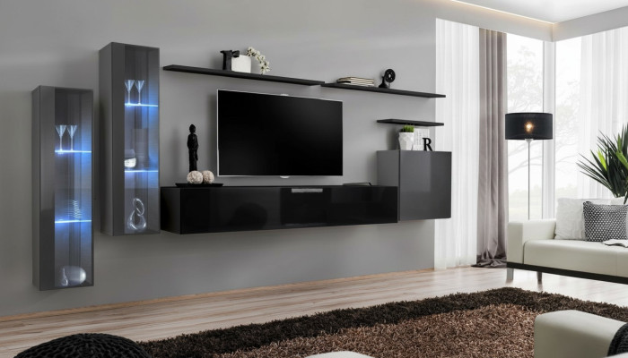 Unité murale noire de designer, buffet, armoire murale, meuble TV, suite de luxe