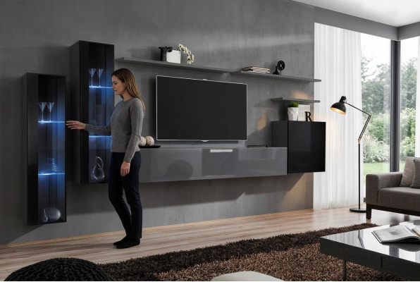 Salle de séjour Bois Complet Gris Meuble TV Design 3x Armoire Murale Unité Murale de Luxe