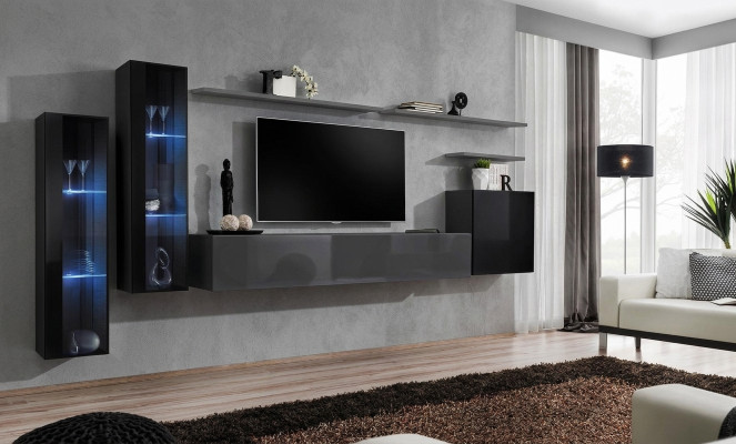 Salle de séjour Bois Complet Gris Meuble TV Design 3x Armoire Murale Unité Murale de Luxe