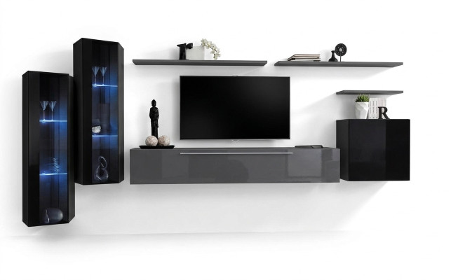 Salle de séjour Bois Complet Gris Meuble TV Design 3x Armoire Murale Unité Murale de Luxe