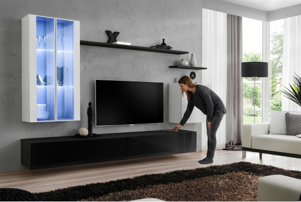 Salon Meuble bas pour téléviseur noir Designer Ensemble complet Étagère murale Moderne Mobilier neuf