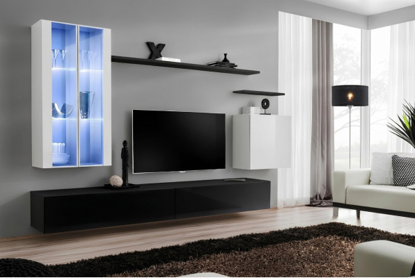 Salon Meuble bas pour téléviseur noir Designer Ensemble complet Étagère murale Moderne Mobilier neuf