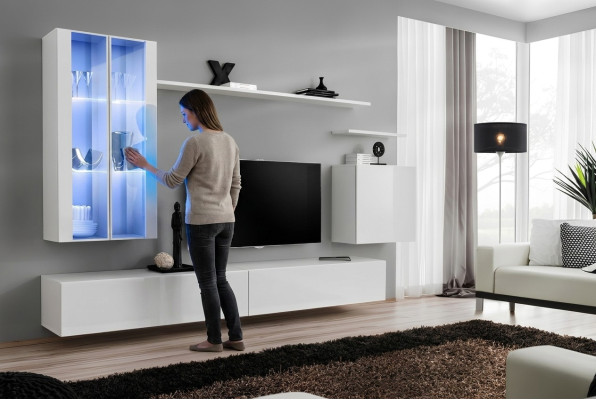 Ensemble mural 7 pièces 2x armoire suspendue meuble design salon style moderne meuble TV bas