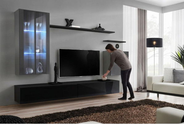 Ensemble de meuble TV composé de 7 pièces. Unité murale, buffet TV, vaisselier suspendu, armoire de conception nouvelle