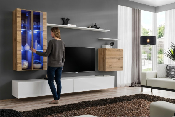Nouvel ensemble mural TV blanc, buffet bas en bois, meuble mural, style luxueux et moderne.