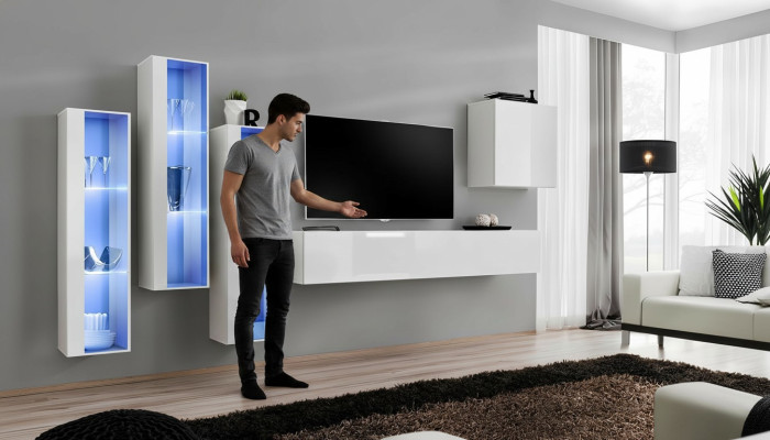 Unité murale de design blanc complet Sideboard 4x Armoire Meuble de télévision Meuble TV bas Stand TV